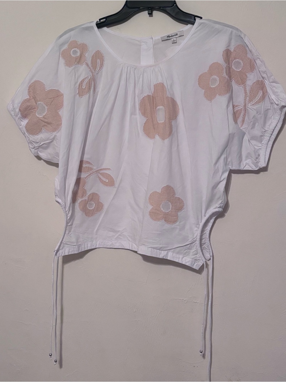 Madewell Women’s White Floral Gingham Applique Puff Sleeve Drawstring Top Large